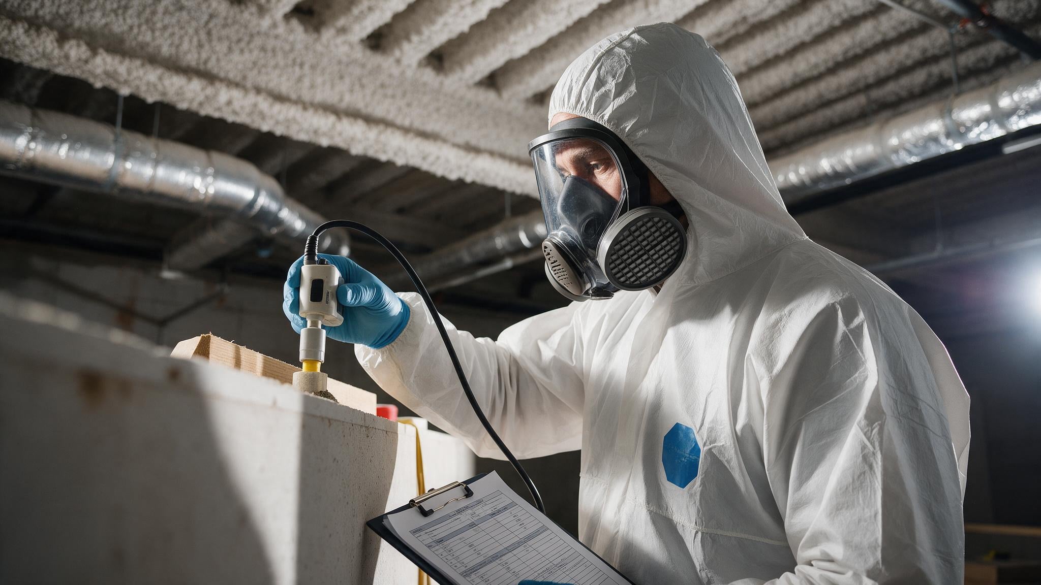 Surveyor in protective equipment inspecting a building interior during an asbestos management survey